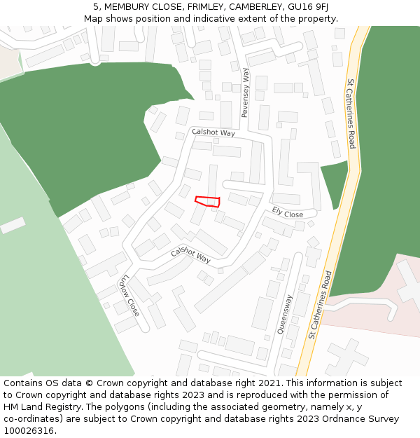 5, MEMBURY CLOSE, FRIMLEY, CAMBERLEY, GU16 9FJ: Location map and indicative extent of plot