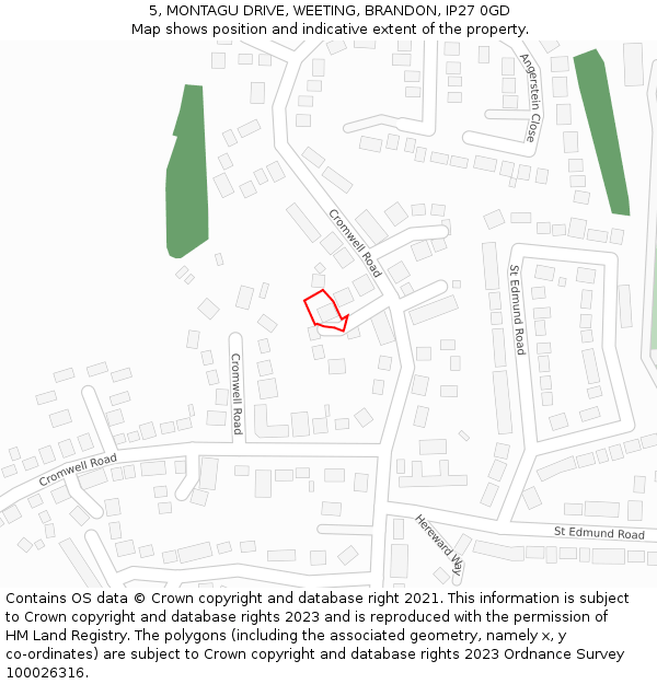 5, MONTAGU DRIVE, WEETING, BRANDON, IP27 0GD: Location map and indicative extent of plot