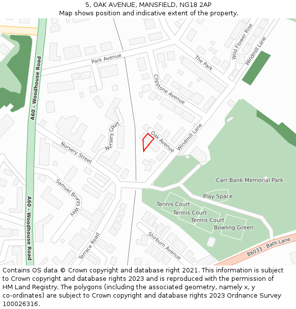 5, OAK AVENUE, MANSFIELD, NG18 2AP: Location map and indicative extent of plot