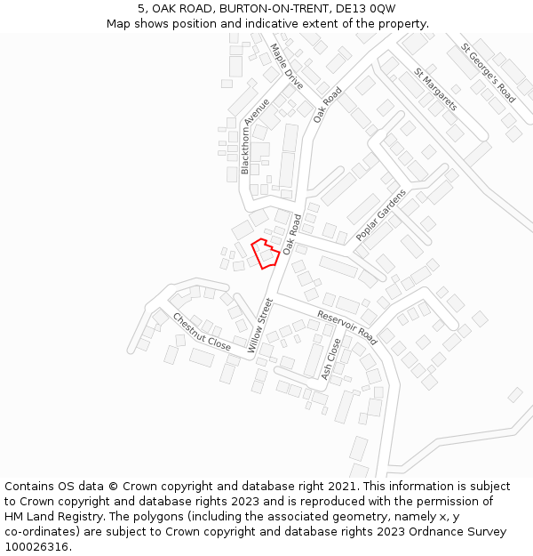 5, OAK ROAD, BURTON-ON-TRENT, DE13 0QW: Location map and indicative extent of plot