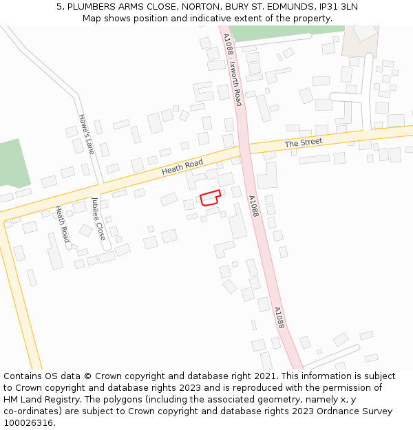 5, PLUMBERS ARMS CLOSE, NORTON, BURY ST. EDMUNDS, IP31 3LN: Location map and indicative extent of plot