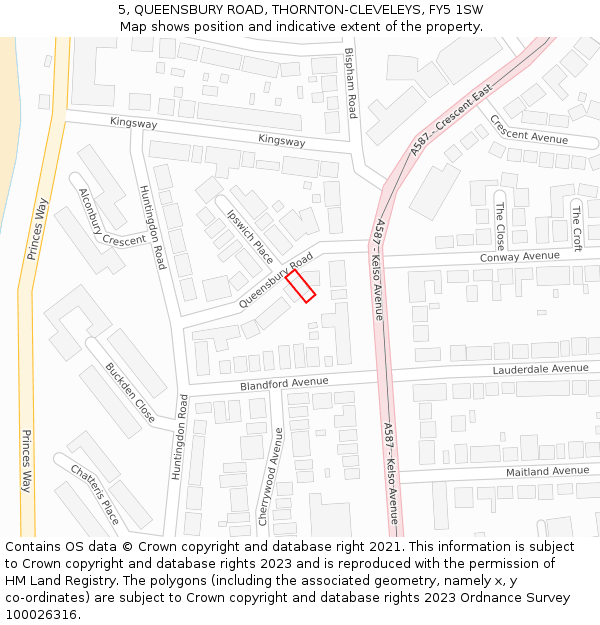 5, QUEENSBURY ROAD, THORNTON-CLEVELEYS, FY5 1SW: Location map and indicative extent of plot