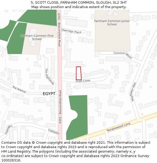 5, SCOTT CLOSE, FARNHAM COMMON, SLOUGH, SL2 3HT: Location map and indicative extent of plot