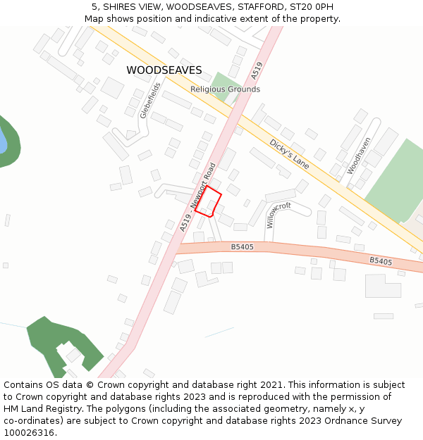 5, SHIRES VIEW, WOODSEAVES, STAFFORD, ST20 0PH: Location map and indicative extent of plot