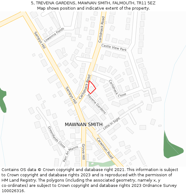 5, TREVENA GARDENS, MAWNAN SMITH, FALMOUTH, TR11 5EZ: Location map and indicative extent of plot