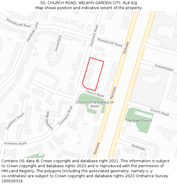 50, CHURCH ROAD, WELWYN GARDEN CITY, AL8 6QJ: Location map and indicative extent of plot