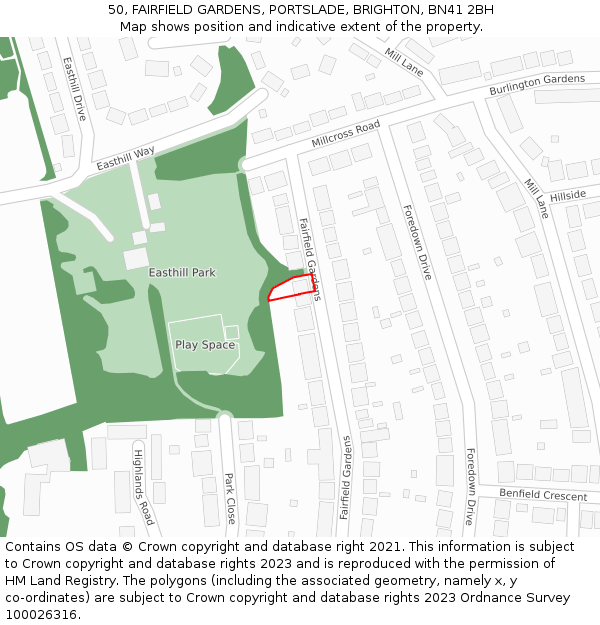 50, FAIRFIELD GARDENS, PORTSLADE, BRIGHTON, BN41 2BH: Location map and indicative extent of plot