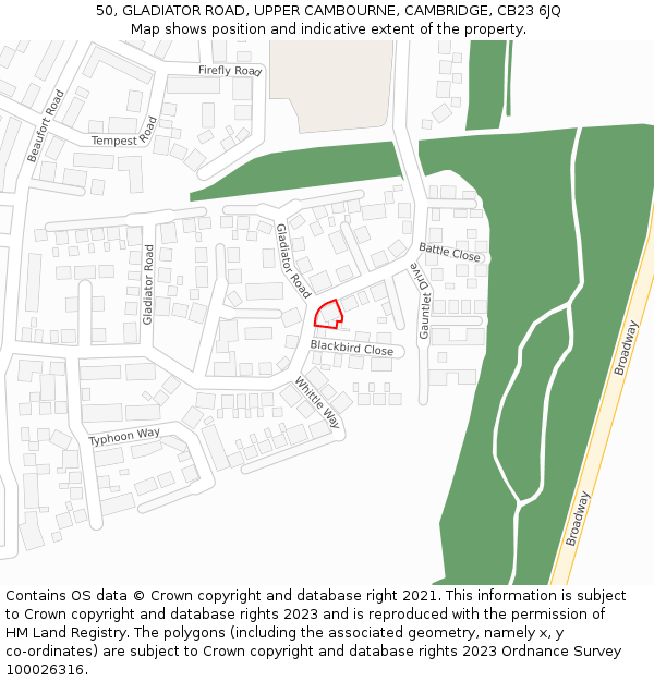 50, GLADIATOR ROAD, UPPER CAMBOURNE, CAMBRIDGE, CB23 6JQ: Location map and indicative extent of plot