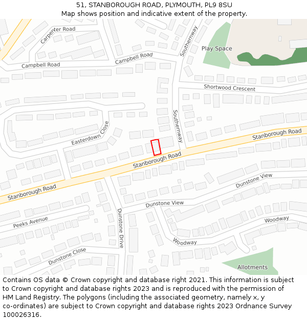 51, STANBOROUGH ROAD, PLYMOUTH, PL9 8SU: Location map and indicative extent of plot