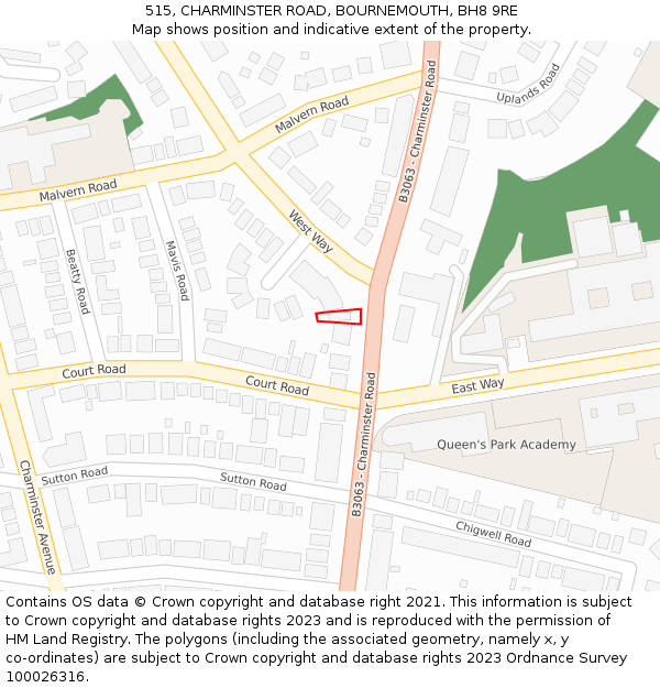 515, CHARMINSTER ROAD, BOURNEMOUTH, BH8 9RE: Location map and indicative extent of plot