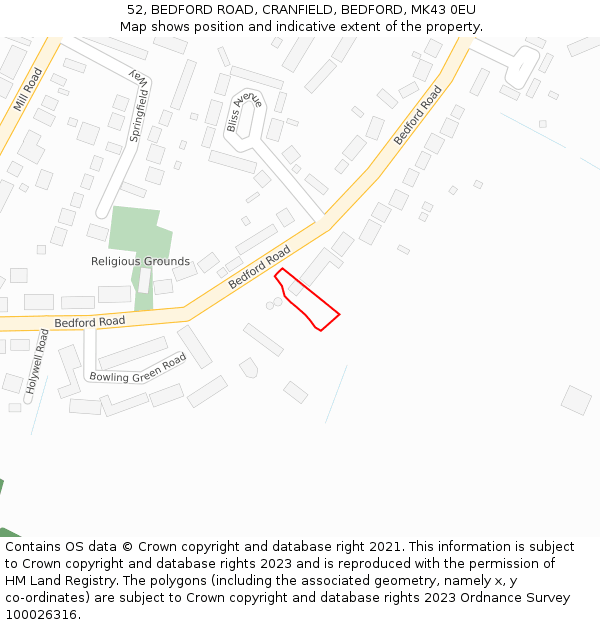 52, BEDFORD ROAD, CRANFIELD, BEDFORD, MK43 0EU: Location map and indicative extent of plot