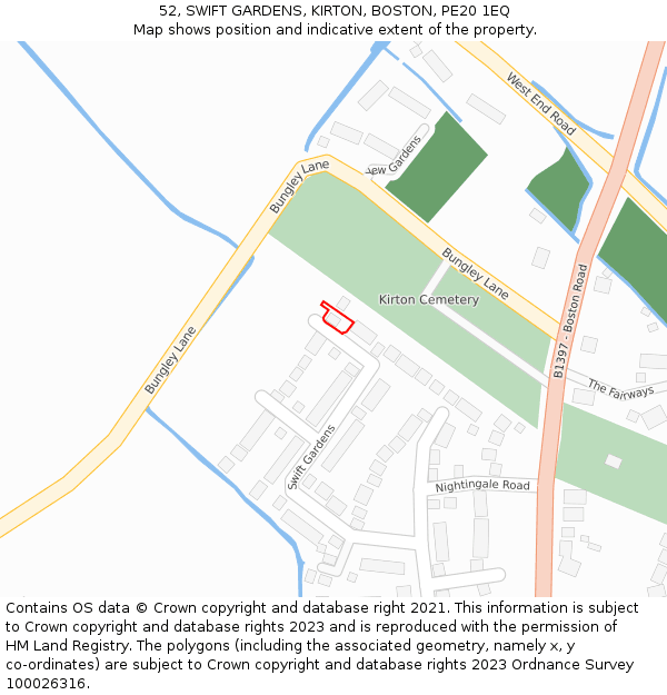 52, SWIFT GARDENS, KIRTON, BOSTON, PE20 1EQ: Location map and indicative extent of plot