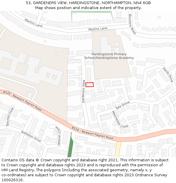 53, GARDENERS VIEW, HARDINGSTONE, NORTHAMPTON, NN4 6GB: Location map and indicative extent of plot