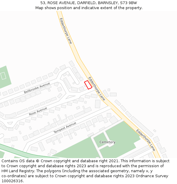 53, ROSE AVENUE, DARFIELD, BARNSLEY, S73 9BW: Location map and indicative extent of plot