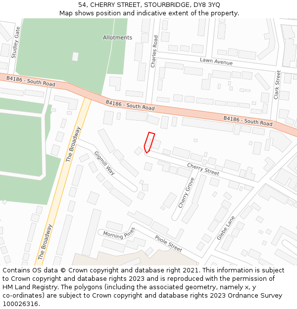 54, CHERRY STREET, STOURBRIDGE, DY8 3YQ: Location map and indicative extent of plot