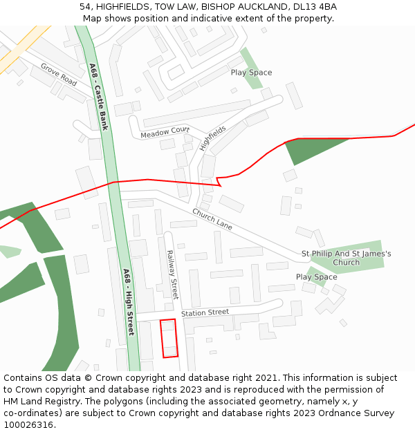 54, HIGHFIELDS, TOW LAW, BISHOP AUCKLAND, DL13 4BA: Location map and indicative extent of plot