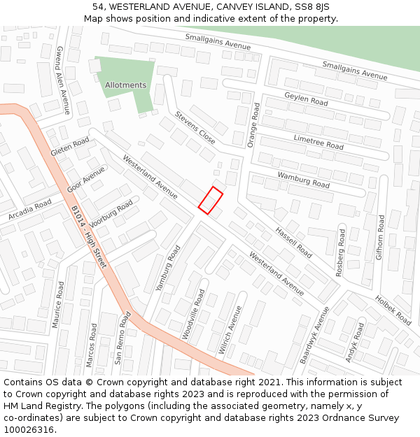 54, WESTERLAND AVENUE, CANVEY ISLAND, SS8 8JS: Location map and indicative extent of plot