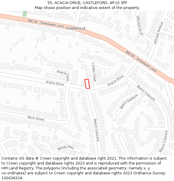 55, ACACIA DRIVE, CASTLEFORD, WF10 3PF: Location map and indicative extent of plot