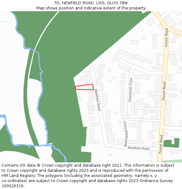 55, NEWFIELD ROAD, LISS, GU33 7BW: Location map and indicative extent of plot