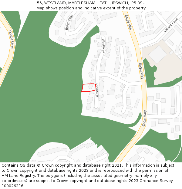 55, WESTLAND, MARTLESHAM HEATH, IPSWICH, IP5 3SU: Location map and indicative extent of plot