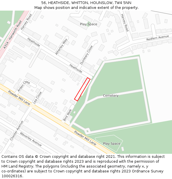 56, HEATHSIDE, WHITTON, HOUNSLOW, TW4 5NN: Location map and indicative extent of plot