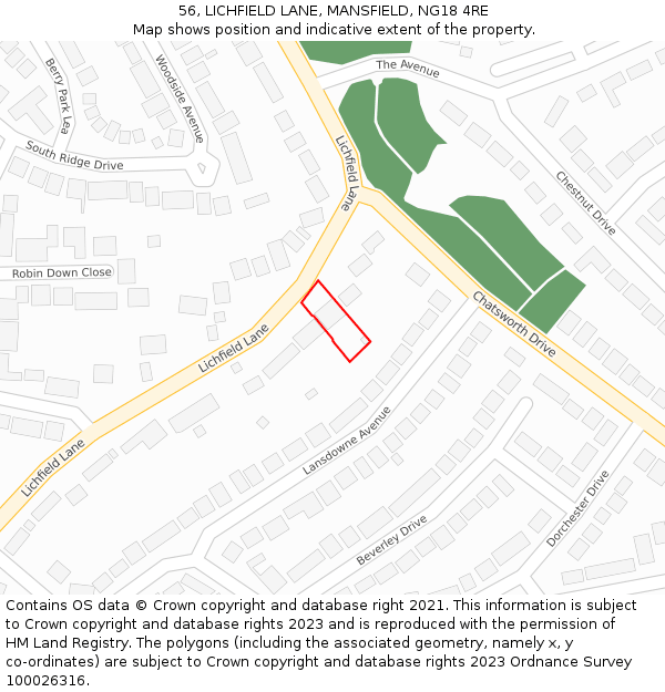 56, LICHFIELD LANE, MANSFIELD, NG18 4RE: Location map and indicative extent of plot