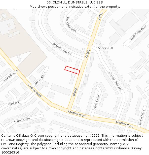 56, OLDHILL, DUNSTABLE, LU6 3ES: Location map and indicative extent of plot