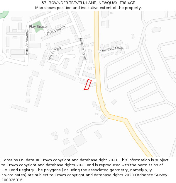 57, BOWNDER TREVELI, LANE, NEWQUAY, TR8 4GE: Location map and indicative extent of plot