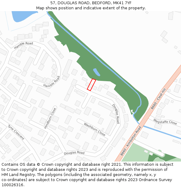 57, DOUGLAS ROAD, BEDFORD, MK41 7YF: Location map and indicative extent of plot