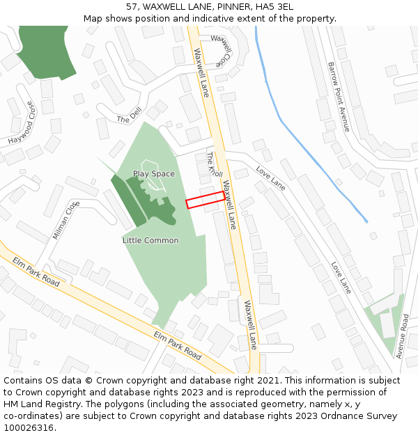 57, WAXWELL LANE, PINNER, HA5 3EL: Location map and indicative extent of plot