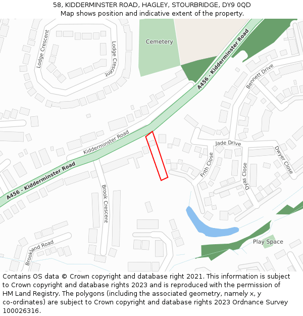 58, KIDDERMINSTER ROAD, HAGLEY, STOURBRIDGE, DY9 0QD: Location map and indicative extent of plot