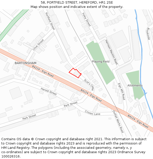 58, PORTFIELD STREET, HEREFORD, HR1 2SE: Location map and indicative extent of plot