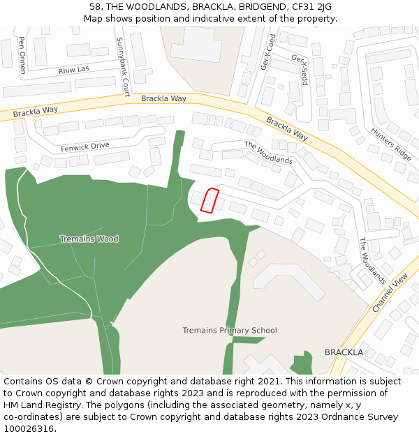 58, THE WOODLANDS, BRACKLA, BRIDGEND, CF31 2JG: Location map and indicative extent of plot