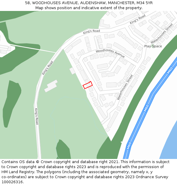 58, WOODHOUSES AVENUE, AUDENSHAW, MANCHESTER, M34 5YR: Location map and indicative extent of plot