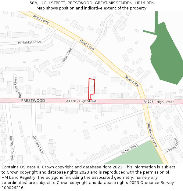 58A, HIGH STREET, PRESTWOOD, GREAT MISSENDEN, HP16 9EN: Location map and indicative extent of plot