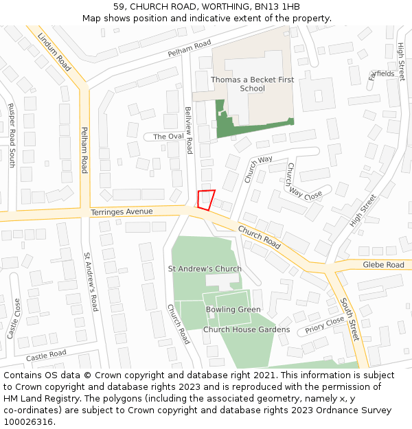 59, CHURCH ROAD, WORTHING, BN13 1HB: Location map and indicative extent of plot