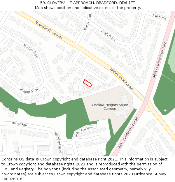 59, CLOVERVILLE APPROACH, BRADFORD, BD6 1ET: Location map and indicative extent of plot