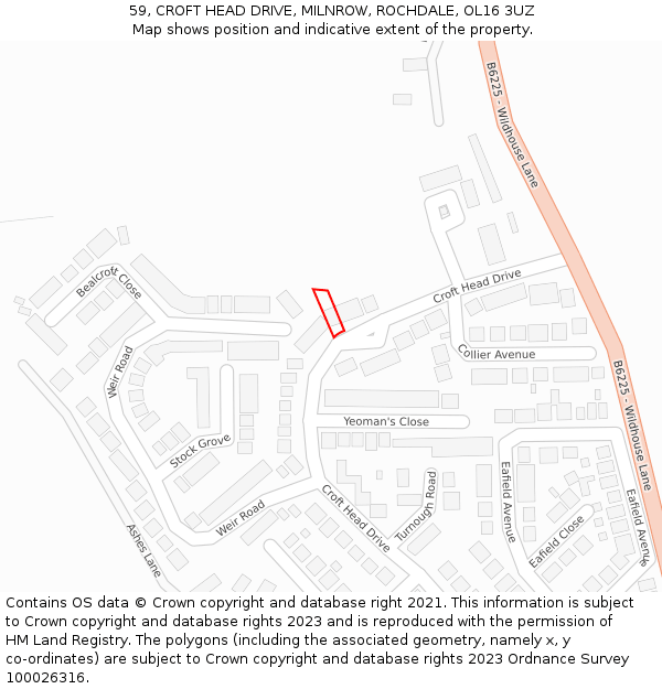 59, CROFT HEAD DRIVE, MILNROW, ROCHDALE, OL16 3UZ: Location map and indicative extent of plot