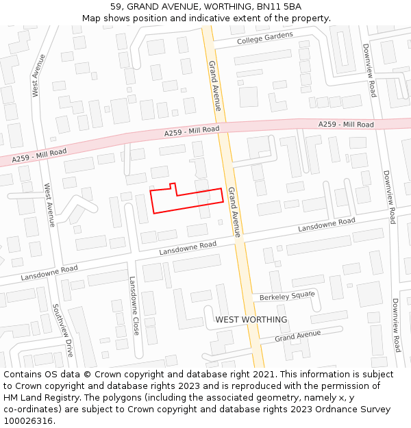 59, GRAND AVENUE, WORTHING, BN11 5BA: Location map and indicative extent of plot