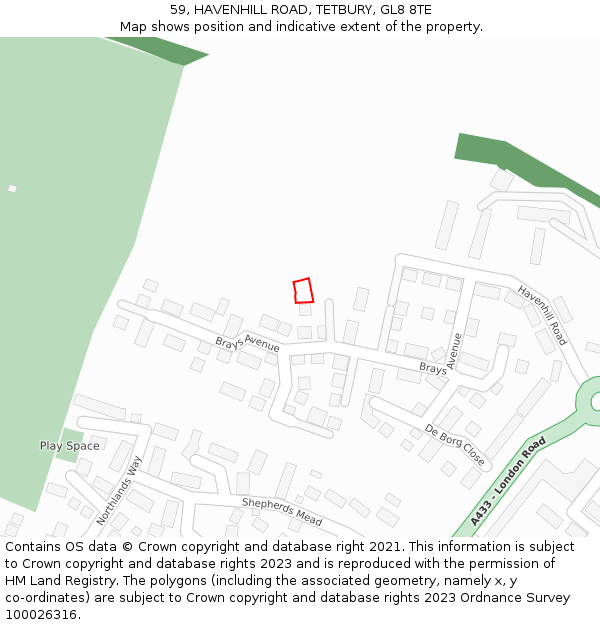 59, HAVENHILL ROAD, TETBURY, GL8 8TE: Location map and indicative extent of plot