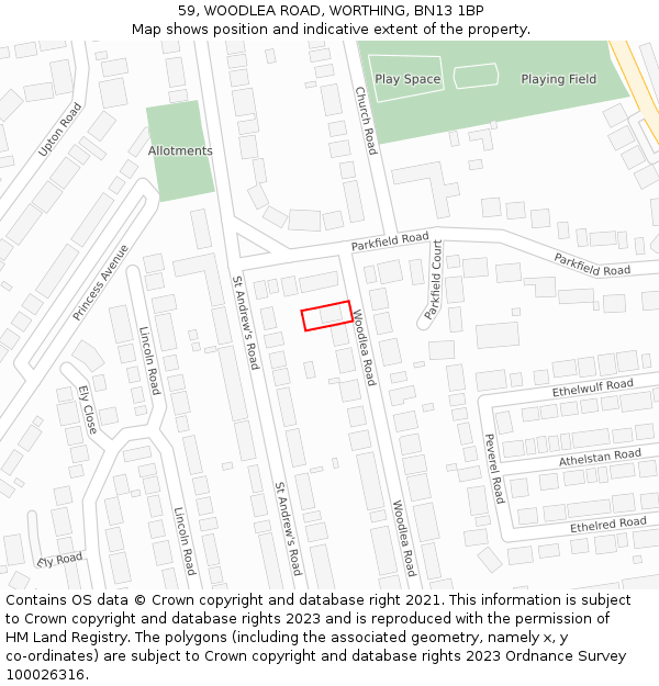 59, WOODLEA ROAD, WORTHING, BN13 1BP: Location map and indicative extent of plot