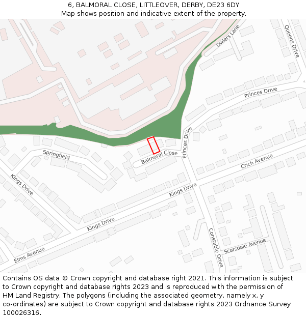 6, BALMORAL CLOSE, LITTLEOVER, DERBY, DE23 6DY: Location map and indicative extent of plot