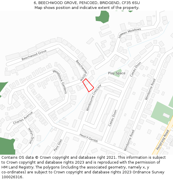 6, BEECHWOOD GROVE, PENCOED, BRIDGEND, CF35 6SU: Location map and indicative extent of plot