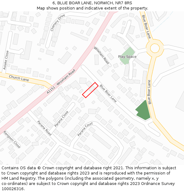 6, BLUE BOAR LANE, NORWICH, NR7 8RS: Location map and indicative extent of plot