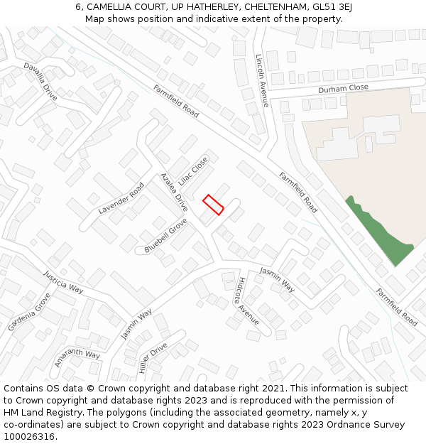 6, CAMELLIA COURT, UP HATHERLEY, CHELTENHAM, GL51 3EJ: Location map and indicative extent of plot