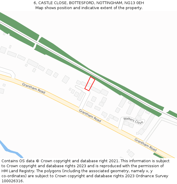 6, CASTLE CLOSE, BOTTESFORD, NOTTINGHAM, NG13 0EH: Location map and indicative extent of plot