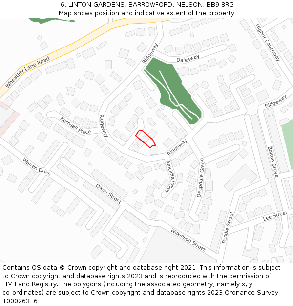 6, LINTON GARDENS, BARROWFORD, NELSON, BB9 8RG: Location map and indicative extent of plot