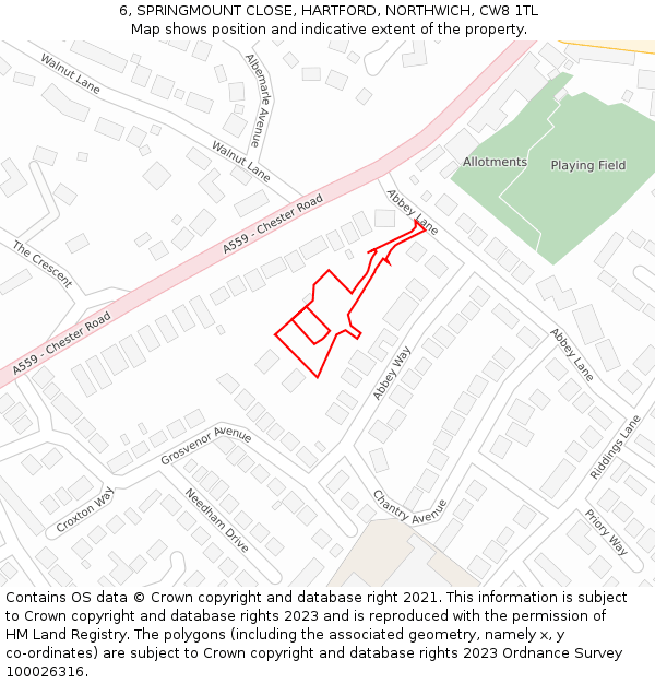 6, SPRINGMOUNT CLOSE, HARTFORD, NORTHWICH, CW8 1TL: Location map and indicative extent of plot