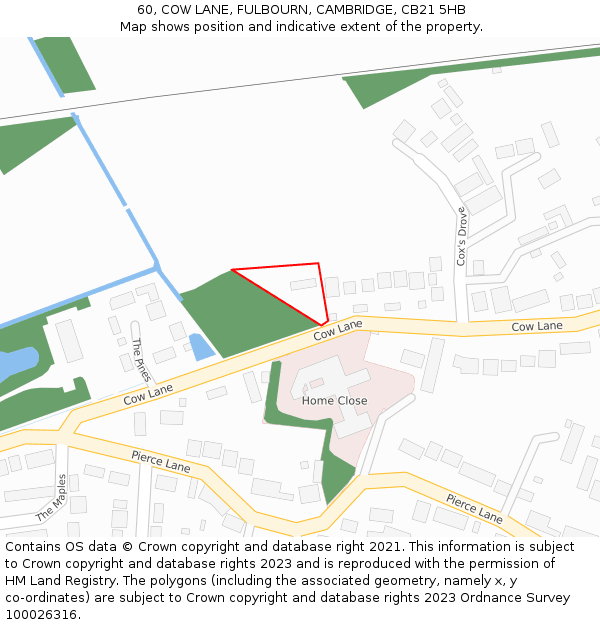 60, COW LANE, FULBOURN, CAMBRIDGE, CB21 5HB: Location map and indicative extent of plot