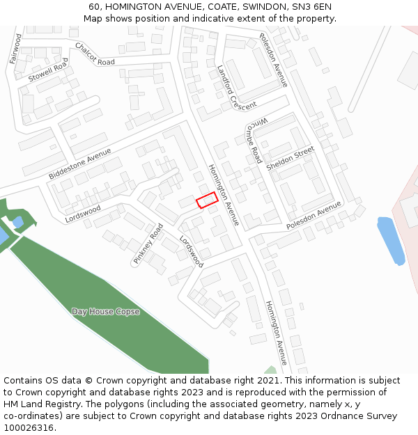 60, HOMINGTON AVENUE, COATE, SWINDON, SN3 6EN: Location map and indicative extent of plot